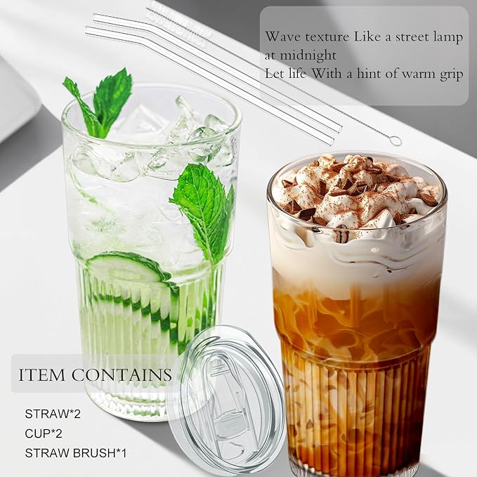 Luiaiog 18.5oz Glass Cups with Lids and Straws - Set of 2 Reusable Tumblers, Thickened Shatter-Resistant Glass, Ideal for Iced Coffee, Smoothies, Cocktails, Juices - Elegant & Durable Drinkware - Image 7