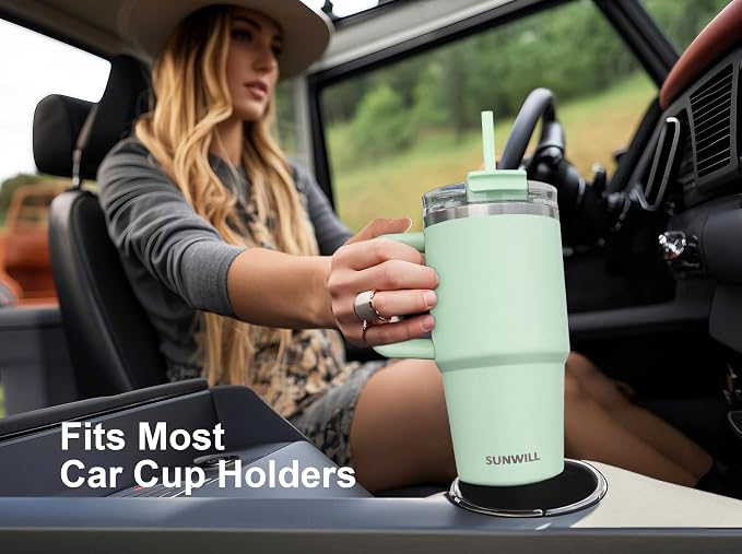SUNWILL Travel Coffee Mug with Lid, 20 oz Tumbler with Handle and Straw Leak Proof, Stainless Steel Cup Insulated for Office & Gym, Cupholder Friendly, Powder Coated Matcha Cream - Image 6