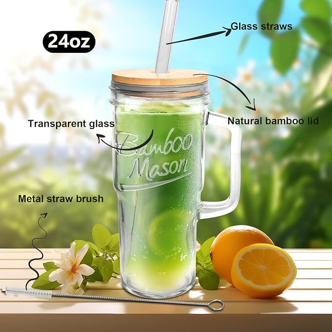 ANOTION Glass Cups with Lids and Straws - 24oz Tumbler with Handle Coffee Cups Glass Straws Glasses Mason Jar Cups Drinking Set Kitchen Essentials Coffee Bar Accessories House Warming Gifts New Home - Image 2