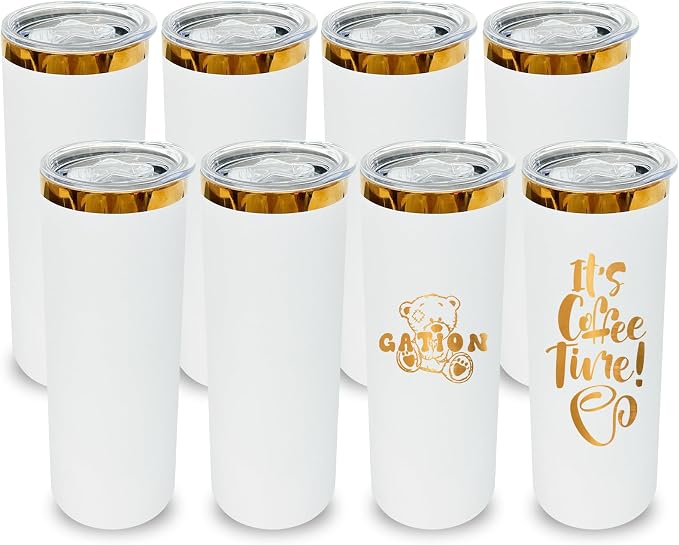 20 oz Skinny Tumblers Stainless Steel Tumbler with Lid and Straw Double Wall Vacuum Insulated Coffee Mug 20oz Powder Coated Cup for Hot and Cold Drinks(White,8 pack) by FunTrans