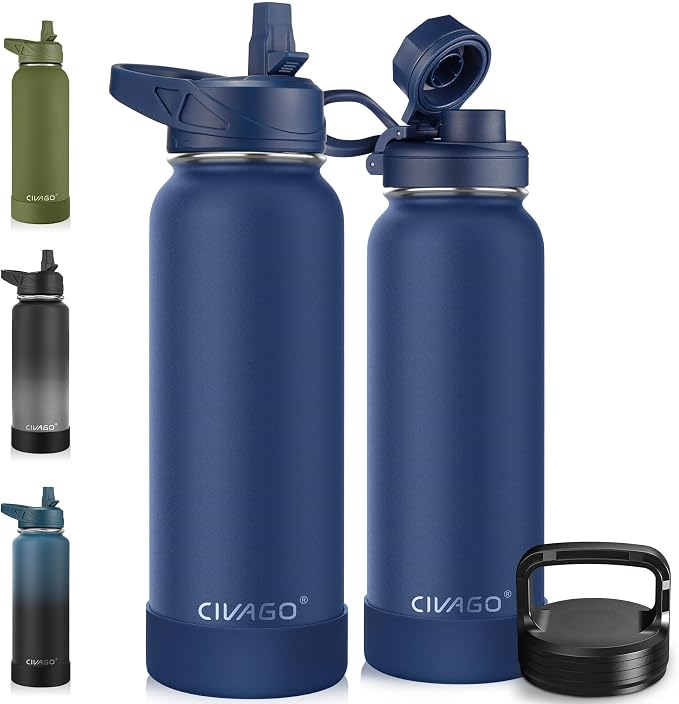 CIVAGO 40 oz Insulated Water Bottle With Straw, Stainless Steel Sports Water Cup Flask with 3 Lids (Straw, Spout and Handle Lid), Double Walled Travel Thermal Canteen Mug, Navy Blue by CIVAGO