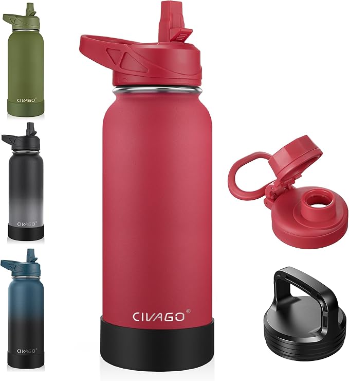 CIVAGO 32 oz Insulated Water Bottle With Straw, Stainless Steel Sports Water Cup Flask with 3 Lids, Wide Mouth Travel Thermal Mug, Red by CIVAGO