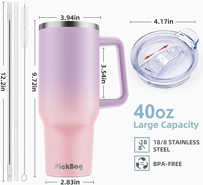 40 oz Tumbler with Handle and Straw, 100% Leak Proof Tumblers Cup, Stainless Steel Insulated Travel Coffee Mug, Keeps Drinks Cold for 24 Hours or Hot for 10 Hrs, Fit for Car Cup Holder, PurplePink - Image 2