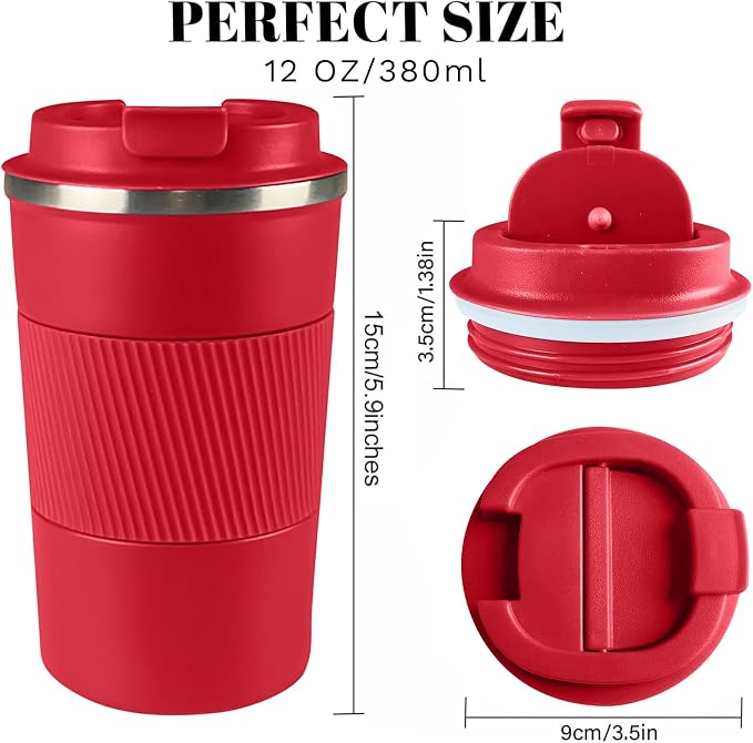 YINBAOGE Insulated Travel Coffee Mug, Spill & Leak Proof, Portable To Go Camping Stainless Steel Coffee Tumbler, Reusable Thermal Coffee Cup with Lid for Hot & Cold Drinks (Red, 12 OZ) - Image 3
