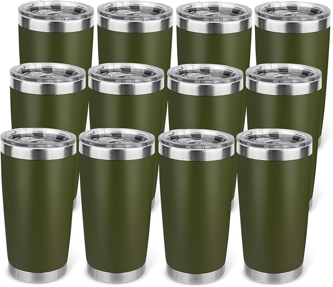 20oz Stainless Steel Tumbler Bulk with Lid, Travel Mug - Double Wall Vacuum Powder Coated Cup - Army Green, 12 Pack by Unknown