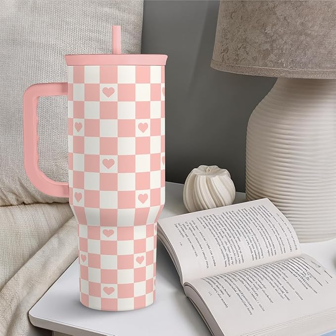 40oz Checkered and Heart Tumbler with Handle and Straw - Insulated Stainless Steel Travel Coffee Mug for Women Girls, Gift for Birthday, Christmas - Image 6