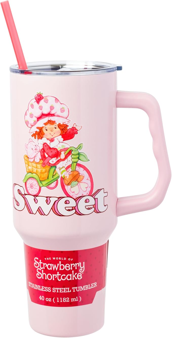 Silver Buffalo Strawberry Shortcake and Custard “Sweet” Double Walled Stainless Steel Tumbler with Handle, Fits in Standard Cup Holder, 40 Ounces by SilverBuffalo