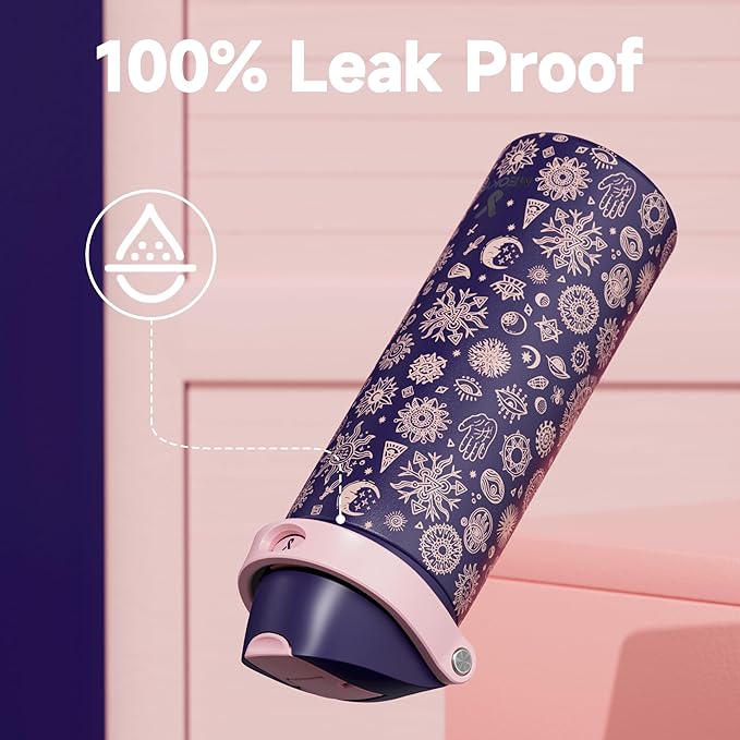 24 oz Insulated Water Bottle for Women: Meoky Stainless Steel Metal Water Bottle with 2-in-1 Straw and Spout Lid - Leak Proof, Cold for 24 Hours, Protective Silicone Base, BPA-Free for School, Arcana - Image 5