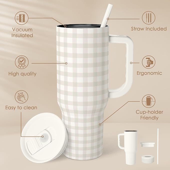SANDJEST Grey Gingham 40oz Slider Tumbler with Handle and Straw - Insulated Stainless Steel Travel Coffee Mug for Women Girls, Gift for Birthday, Christmas - Image 2
