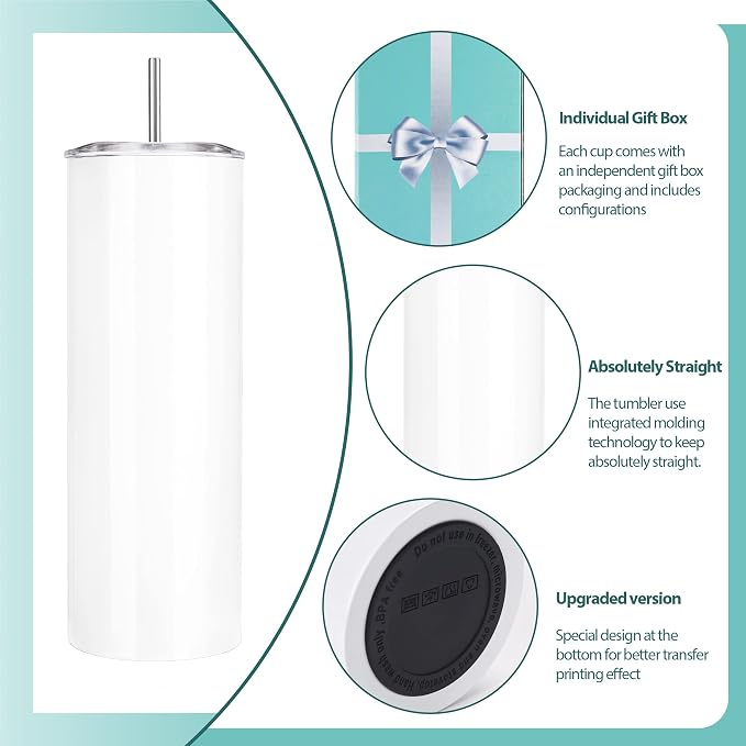 D·S 25 Pack Sublimation Tumblers Bulk 20 oz Skinny Straight Flat Bottom Blank Tumbler Cups with Individual Gift Boxed for Heat Transfer DIY Craft - Image 4