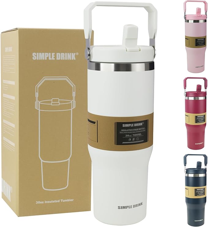30oz Flip Straw Insulated Water Bottle with Handle, Leak Proof Stainless Steel Travel Coffee Mug, Double Wall Vacuum Tumbler for Cold Drinks, Gym Office Travel Essentials by SIMPLEDRINK