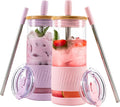 Pandaloo® Glass Cups With Lids and Straws -20 Fl Oz- Perfect Size Iced Coffee Cup - Smoothie Cup With Bamboo Lid and On the go Lid - Glass Tumbler (2 Count (Pack of 1), Lilac-Pink) by Pandaloo
