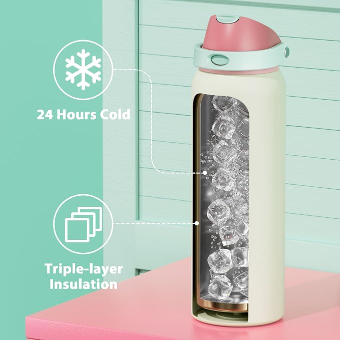 40 oz Insulated Water Bottle with Straw: Meoky Stainless Steel Metal Water Bottle with 2-in-1 Lid - Leak Proof, Cold for 24 Hours, Protective Silicone Base, BPA-Free for Sports Gym, Cream - Image 5