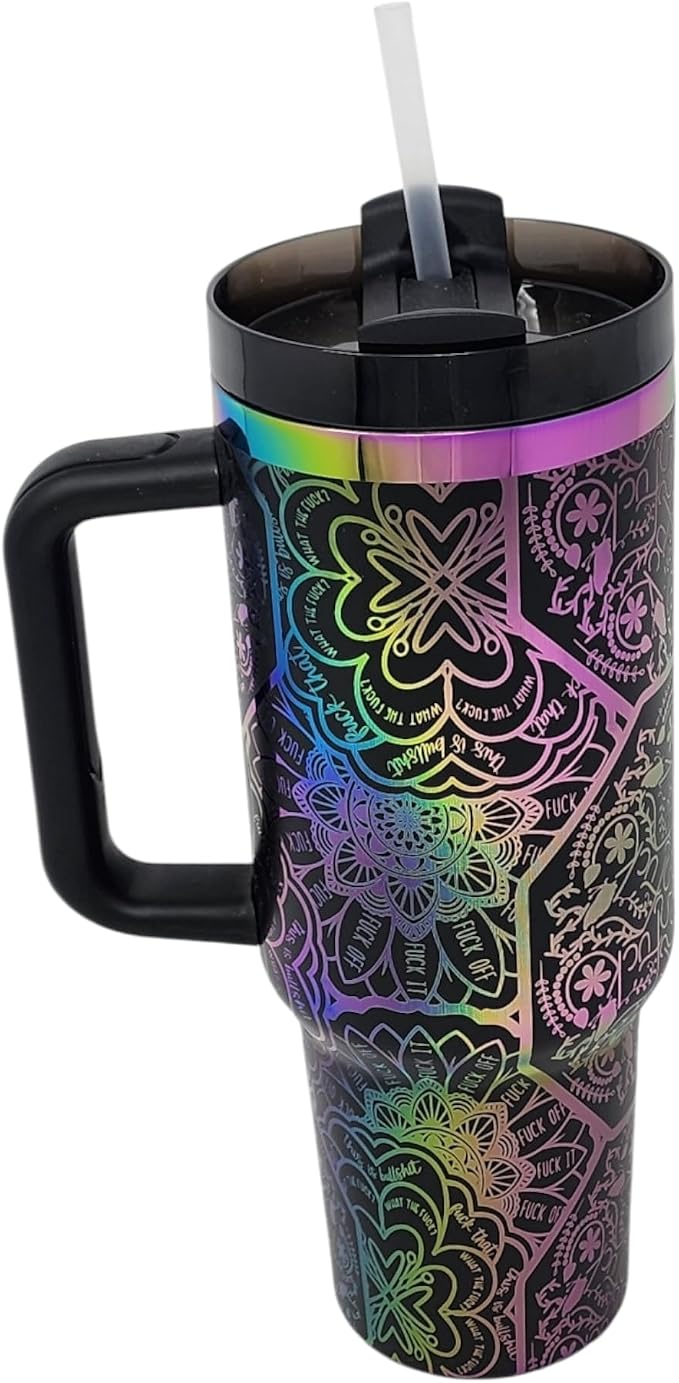 Hidden Cuss Word Tumbler 40oz Laser Engraved Funny Nurse Gift Swear Tumbler with Lid and Straw, Multicolor, Gag Gift Hidden Curse Words Stainless Steel Travel Mug (Black with Rainbow Underlay) - Image 6