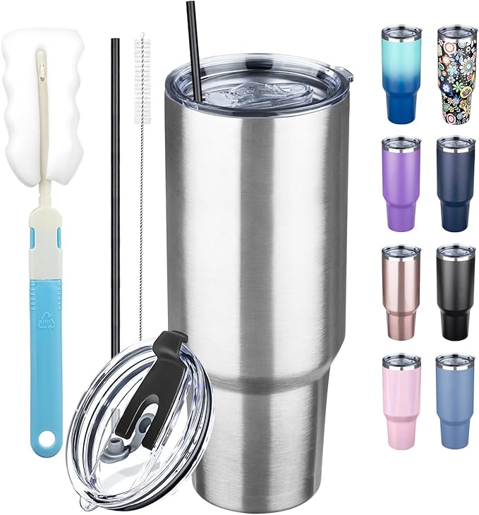 40 oz Tumbler with Lids and Straws, Stainless Steel Insulated Coffee Tumbler, Double Wall Vacuum Insulated Travel Mug Cup, Leakproof Thermal Coffee Cup for Hot and Cold Drinks (Silver) by GUDEMAO