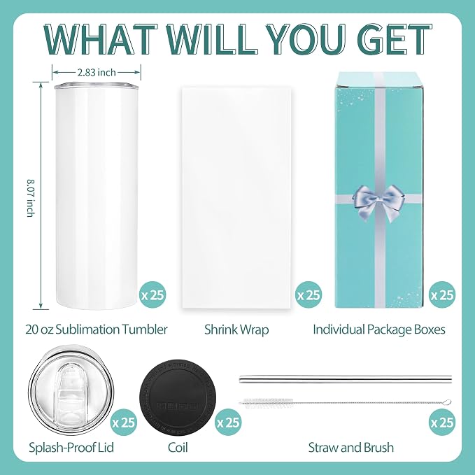 D·S 25 Pack Sublimation Tumblers Bulk 20 oz Skinny Straight Flat Bottom Blank Tumbler Cups with Individual Gift Boxed for Heat Transfer DIY Craft - Image 2