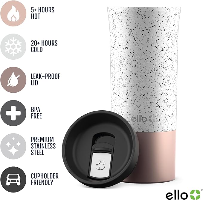 Ello Miri 16oz Vacuum Insulated Stainless Steel Travel Mug, Leak-Proof Slider Lid, Keeps Hot for 5 Hours, Perfect for Coffee or Tea, BPA-Free, Fits Most Cupholders, Holiday Gift, Speckle - Image 3