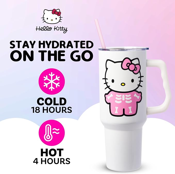 Silver Buffalo Sanrio Hello Kitty Halloween Spooky Skeleton Costume Double Walled Stainless Steel Tumbler with Handle and Straw, Fits in Standard Cup Holder, 40 Ounces - Image 2