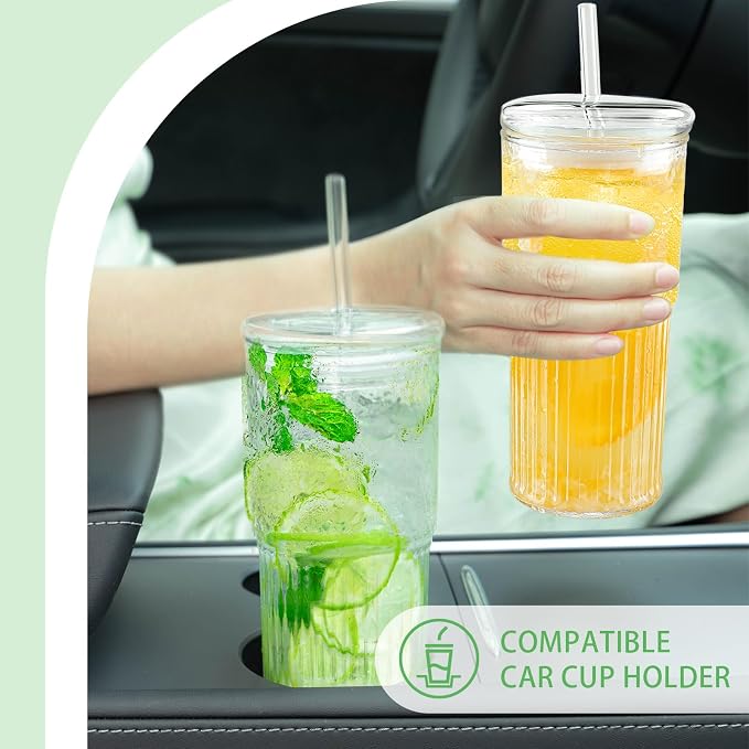 Luiaiog Glass Cups with Lids and Glass Straws, High Borosilicate 20OZ Tumblers for Coffee, Tea, Juice, Smoothies, Hot/Cold Drinks at Home, Office - Image 2