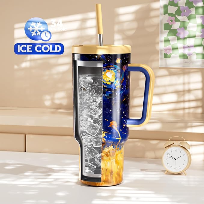 Meoky 40 oz Tumbler with Handle and Straw: Stainless Steel Insulated Tumbler with Lid and Straw - 100% Leak Proof Tumbler for Car Cup Holders - Travelers Commuters Workers, Lion - Image 2
