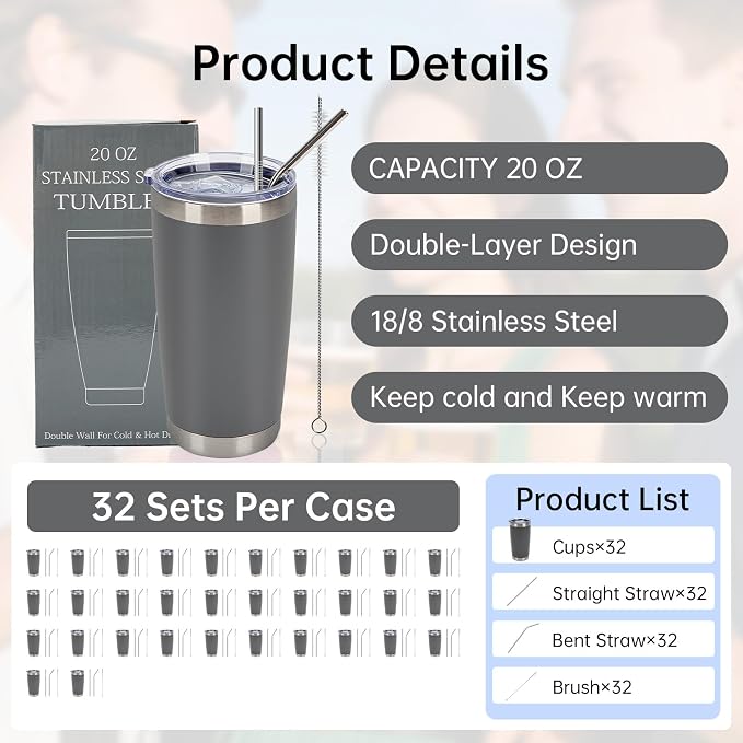 IEOVIEE 32 Pack, 20oz Stainless Steel Bulk Tumblers with Lids and Straws, Double Wall Insulated Travel Coffee Mug, Durable Powder Coated Tumbler Bulk Cup for Cold and Hot Drinks (Grey) - Image 2