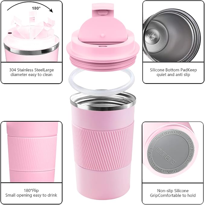 YINBAOGE Insulated Travel Coffee Mug, Spill & Leak Proof, Portable To Go Camping Stainless Steel Coffee Tumbler, Reusable Thermal Coffee Cup with Lid for Hot & Cold Drinks (Pink, 12 OZ) - Image 2