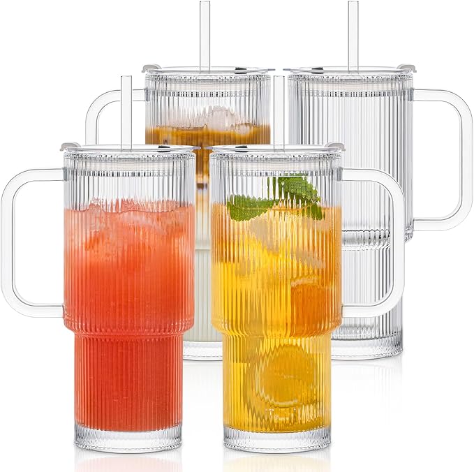 INSETLAN 24oz Ribbed Glass Tumbler with Handle & Lid – 4-Pack Large Iced Coffee Cups with Straws, Modern Glass Mug for Cold & Hot Beverages, Aesthetic Travel Cup for Smoothies, Tea, and Juice by INSETLAN