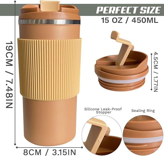YINBAOGE Upgraded Insulated Travel Coffee Mug, Spill Proof & Leak Proof, Portable Camping Stainless Steel Tumbler, Reusable Thermal Coffee Cup with Lid for Hot & Cold Drinks (4th-khaki, 15OZ) - Image 2