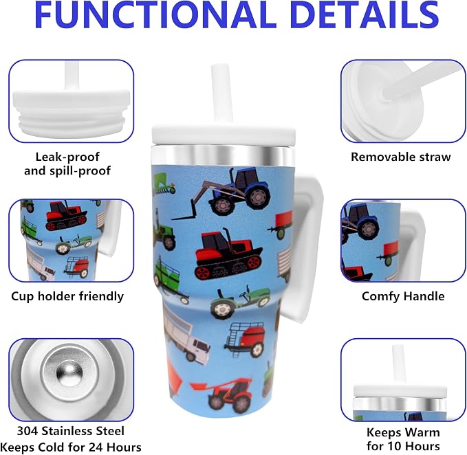 20-OZ Insulated Water Bottle,Insulated Stainless Steel Tumbler,Reusable Cold Drink Thermos,BPA-Free, Double-Wall Stainless Steel Water Bottle (Blue-Farm Vehicle, 20, Fluid Ounces) - Image 3