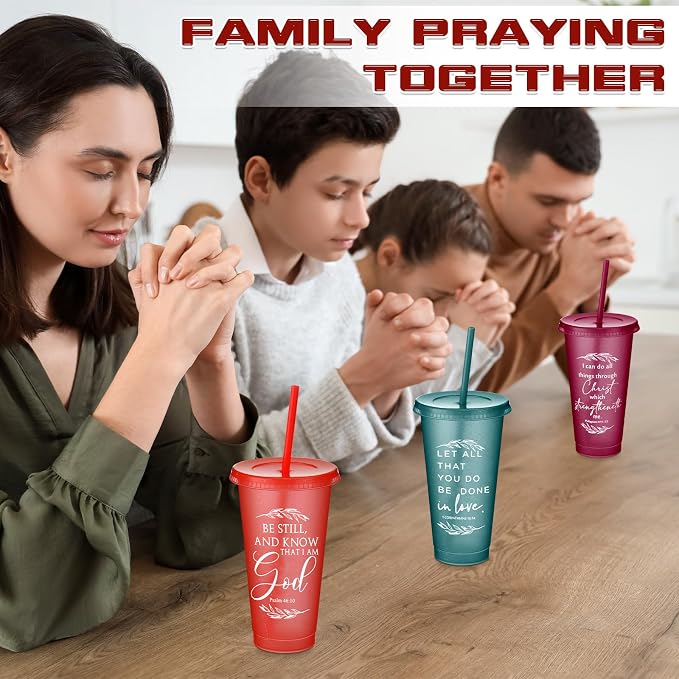 Havawish 12 Pcs Mothers Day Christian Tumbler Gift Bulk Religious Inspirational 24 oz Drinking Jesus Cup with Lid Straw Bible Verse Plastic Cup for Church Father Teacher First Communion (Joyous Color) - Image 6