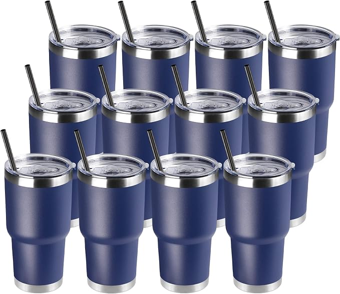 DOMICARE 30 oz Tumbler with Lid and Straw, Stainless Steel Tumblers Bulk, Insulated Vacuum Double Wall Travel Coffee Mug, Durable Powder Coated Tumbler Cups (Navy, 12) by VisittheDOMICARE