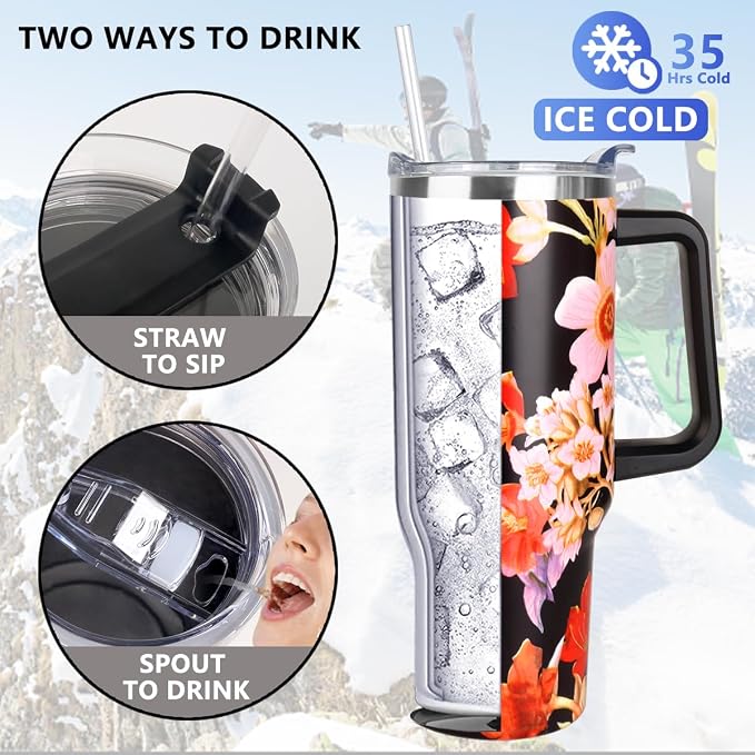SYACOT 40 oz Tumbler with Handle and Straw Stainless Steel Insulated Tumbler Leak Proof Lid and Straw Lid Reusable Travel Mug Coffee Mug Cup Dishwasher Safe Keep Drinks Cold and Hot (Jasmine) - Image 3