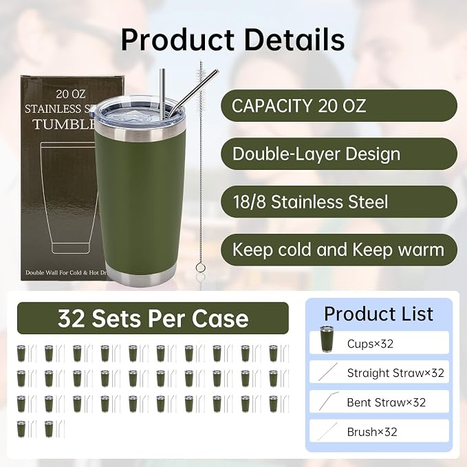 IEOVIEE 32 Pack, 20oz Stainless Steel Bulk Tumblers with Lids and Straws, Double Wall Insulated Travel Coffee Mug, Durable Powder Coated Tumbler Bulk Cup for Cold and Hot Drinks(Army Green) - Image 2