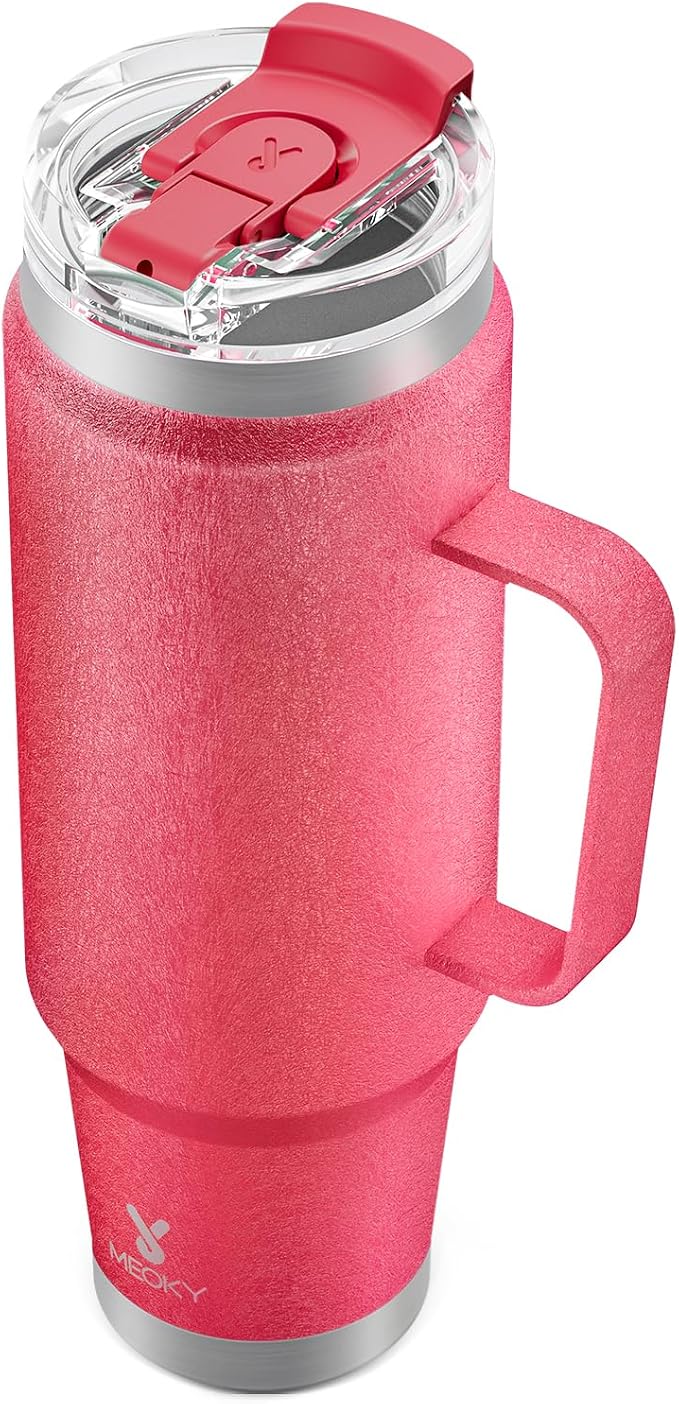 Meoky 40oz Tumbler with Handle, Stainless Steel Travel Mug with 2-in-1 Straw and Sip Lid, Vacuum Insulated Coffee Mug, 100% Leak Proof, Keeps Cold for 34 Hours or Hot for 10 Hours (Ruby) by MEOKY