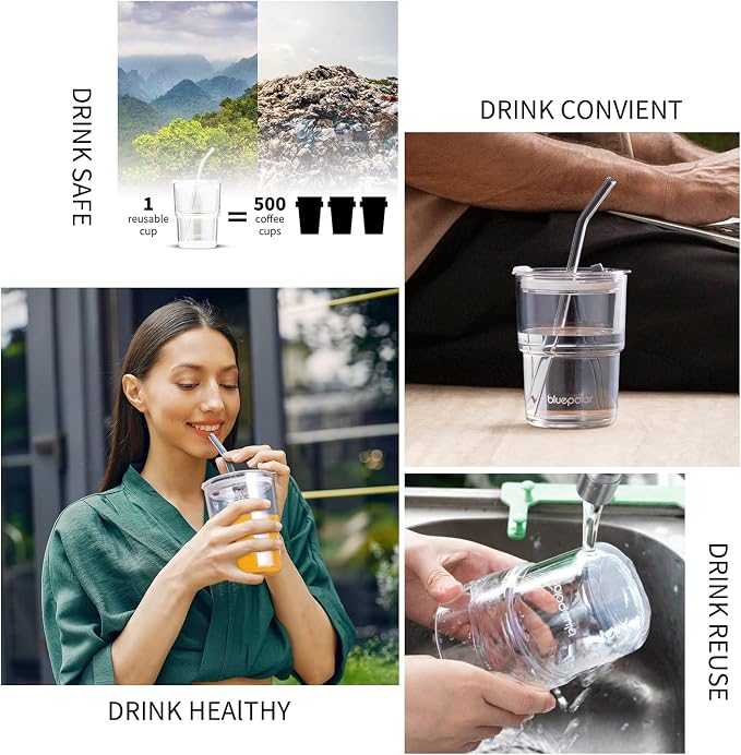 BLUEPOLAR 13oz/400ml Glass Water Tumbler with Straw and Lid Sealed Carry On Thick Wall Iced Coffee Cup Glass Cup for Water, Iced Tea Fruit Juice Etc (White-2Pack) - Image 5