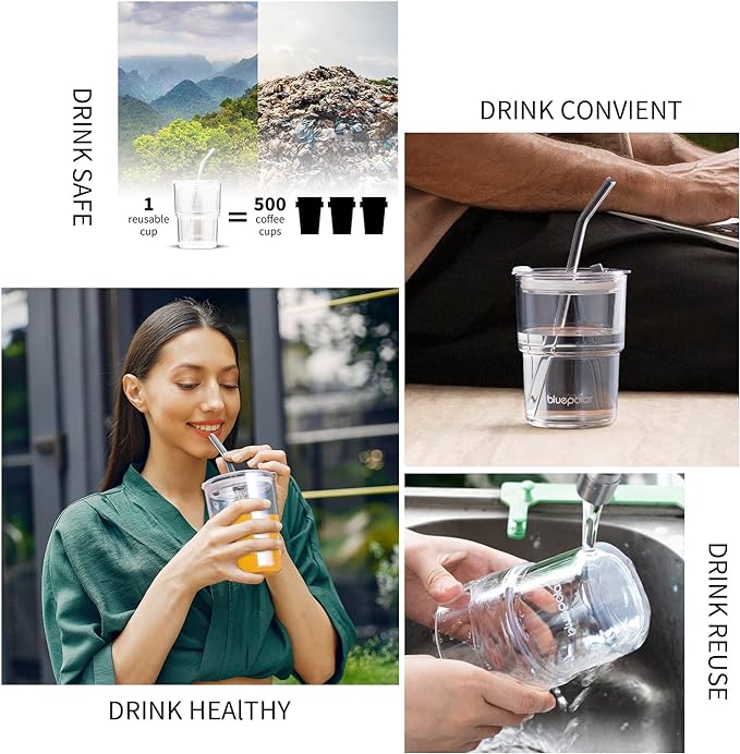BLUEPOLAR 13oz/400ml Glass Water Tumbler with Straw and Lid Sealed Carry On Thick Wall Iced Coffee Cup Glass Cup for Water, Iced Tea Fruit Juice Etc (Aurora White-4Pack) - Image 6