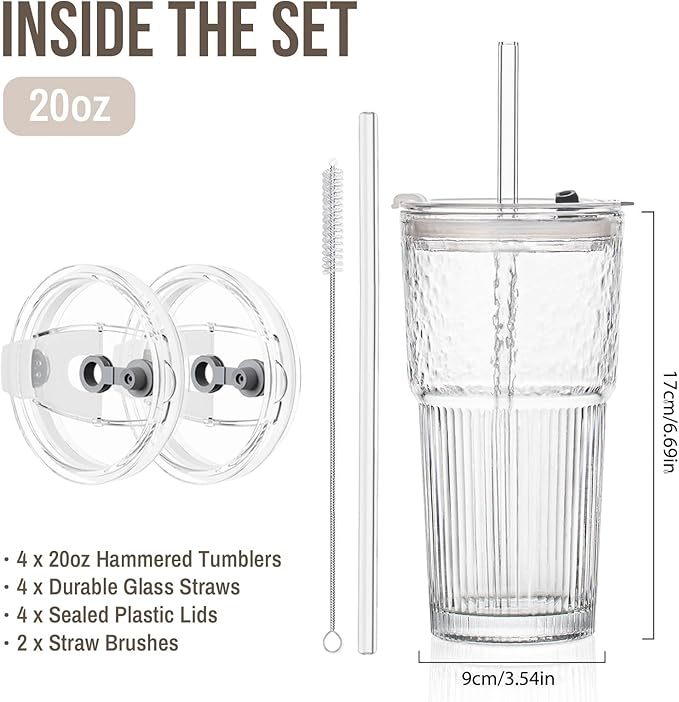 20oz Glass Tumblers with Lids and Straws, Set of 4 - Stylish Ribbed Design Drinking Glasses for Iced Coffee Cups, Juice, Smoothies, Cold Beverages, Includes Cleaning Brush, Durable Glassware - Image 3