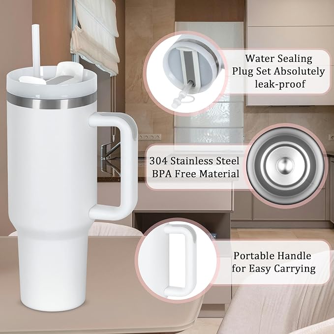 4 Pack 40 Oz Tumbler with Handle Bulk, Double Wall Vacuum Insulated Stainless Steel Tumbler with Lid and Straw, 40 oz cup with Silicone Spill Proof Stopper Set (White) - Image 4