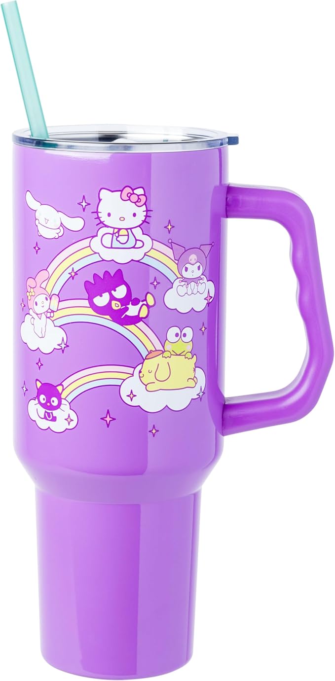 Silver Buffalo Sanrio Hello Kitty and Friends Featuring My Melody, Cinnamoroll, Kuromi, Chococat, Badtz-Maru, Keroppi, and Pompompurin Double Walled Stainless Steel Tumbler with Handle, 40 Ounces by SilverBuffalo