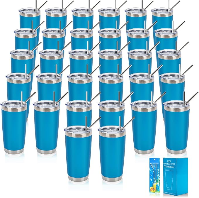 IEOVIEE 32 Pack, 20oz Stainless Steel Bulk Tumblers with Lids and Straws, Double Wall Insulated Travel Coffee Mug, Durable Powder Coated Tumbler Bulk Cup for Cold and Hot Drinks (Light Blue) by IEVOIEE