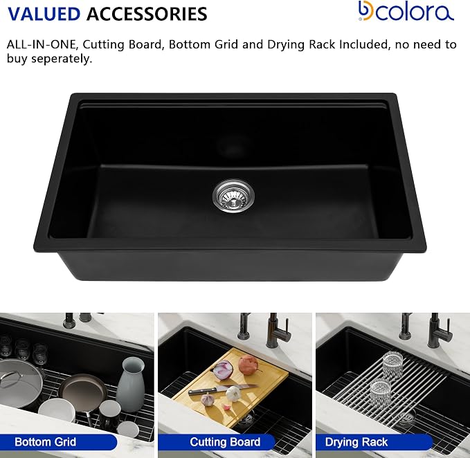 Dcolora 32 inches Granite Composite Kitchen Sink Workstation Black Undermount - Image 4