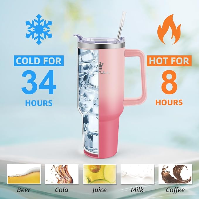 40 oz Tumbler with Handle and Straw Lid, 100% Leak-proof Travel Coffee Mug, Stainless Steel Insulated Cup for Hot and Cold Beverages, Keeps Cold for 34Hrs or Hot for 10Hrs, Dishwasher Safe (PinkRed) - Image 2