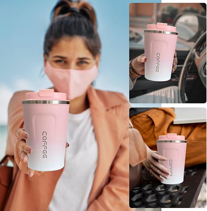 YINBAOGE Insulated Travel Coffee Mug, Spill & Leak Proof, Portable To Go Camping Stainless Steel Coffee Tumbler, Reusable Thermal Coffee Cup with Lid for Hot & Cold Drinks (2nd-Pink White, 12 OZ) - Image 6