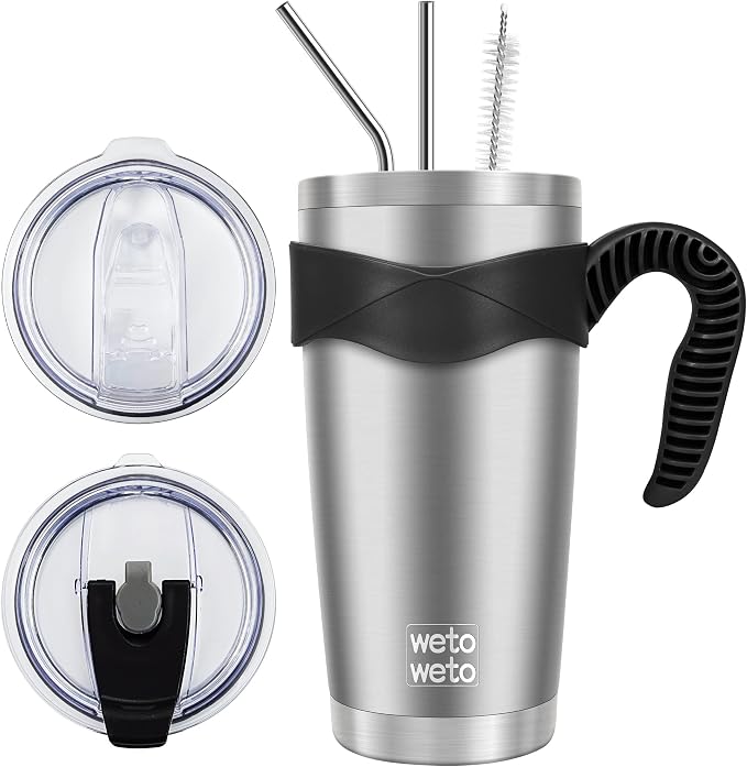 WETOWETO 20oz Tumbler with 2 lids and 2 straws, Stainless Steel Vacuum Insulated Water Coffee Tumbler with Handle, Double Wall Powder Coated Travel Mug Thermal Cup (Stainless, 1 Pack) by Wetoweto