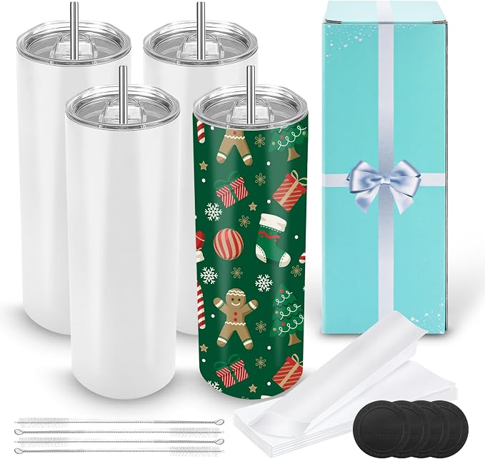 D·S 4 Pack Sublimation Tumblers 20 oz Bulk Skinny Straight Flat Bottom Blank Tumbler Cups with Individual Gift Boxed for Heat Transfer DIY Craft by D%C2%B7STUMBLER