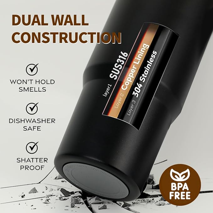 Water Bottle 24 Oz/Stainless Steel Tumbler with Straw - Vacuum Insulated Water Bottle for Home, Office or Car Reusable Cup With straw，Cold for 12 Hrs or Iced for 24 Hrs(Black) - Image 2