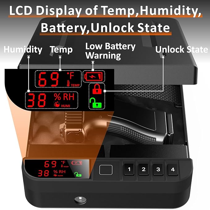 Portable Gun Pistol Safe with LCD Display of Temp, Biometric Fingerprint - Image 4