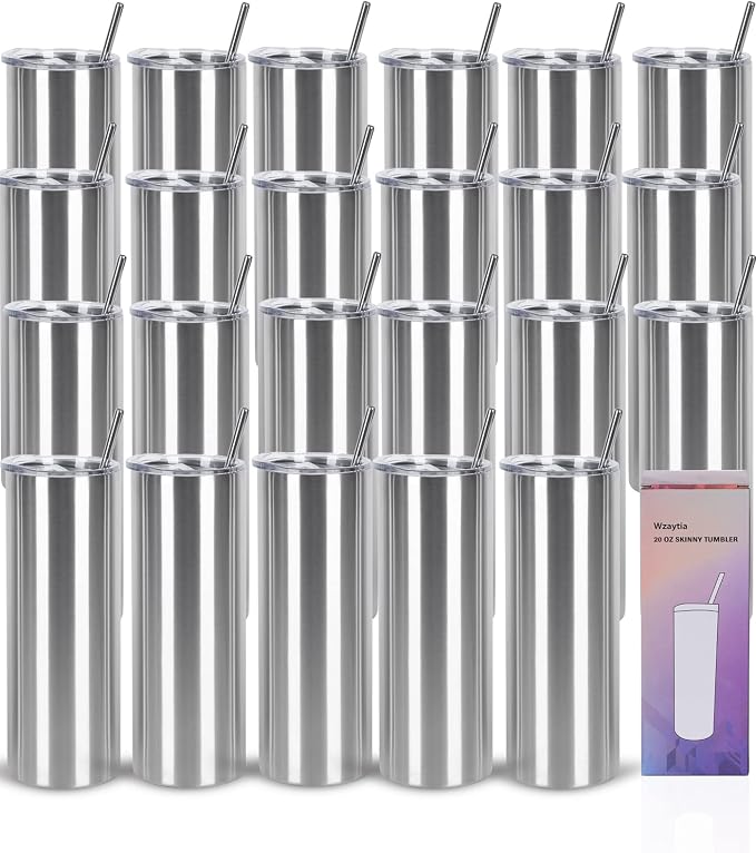 24 Pack 20 Oz Stainless Steel Straight Tumblers, Insulated Slim Skinny Travel Cup Set, BPA-Free Lids and Straws Included, Silver by Wzaytia