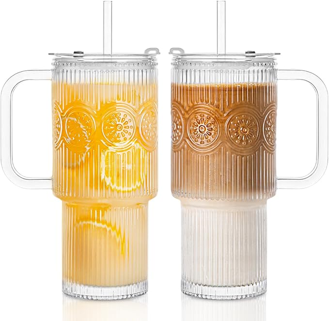 INSETLAN 26oz Ribbed & Floral Glass Tumblers with Handle and Lid, Set of 2 –Reusable Iced Coffee Cups with Straw, Glass Mugs for Water, Smoothies, Tea, and Juice – Ideal for Travel & Daily Use by INSETLAN