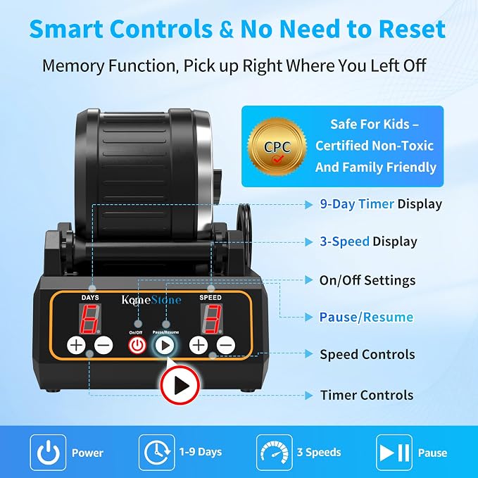 KomeStone Rock Tumbler Kit, K1 Professional Large 2.5LB Capacity Edition - Memory Function, Digital Timer & Variable Speeds: Includes All Accessories, Rock Polisher Gift for Adults & Kids - Image 5